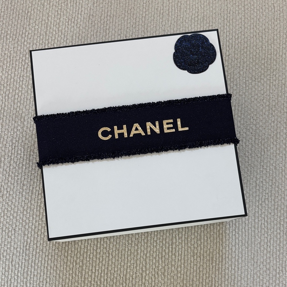 Chanel White Box with Black Ribbon and Gold Logo and camellia sticker flower